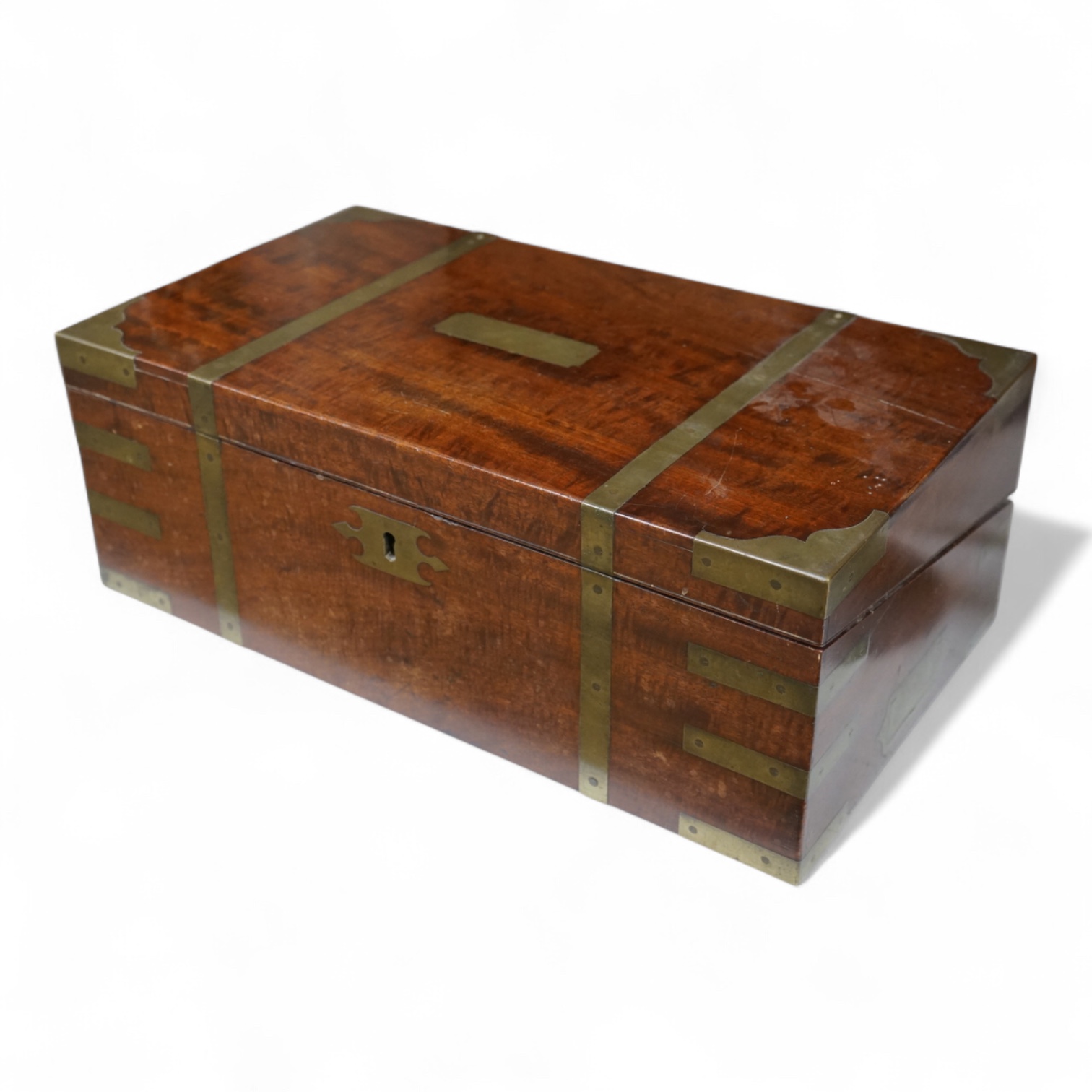 An early 19th century brass bound mahogany writing slope with maker's label for J. Allen, 45cm wide